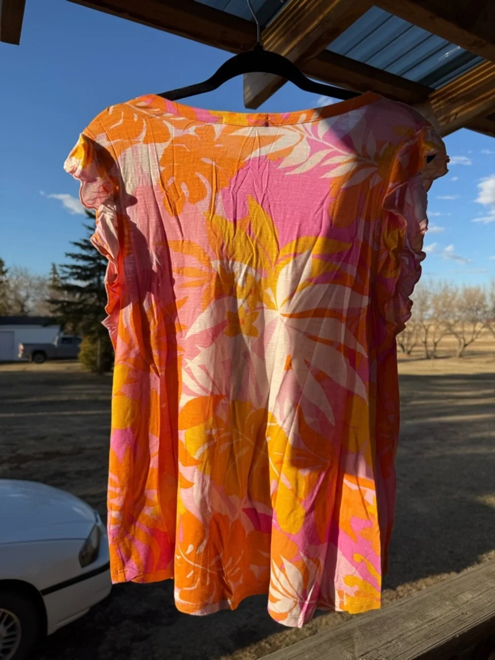Kim & Cami Pink and Orange Tropical Print Short Sleeve Tee - Picture 3 of 7